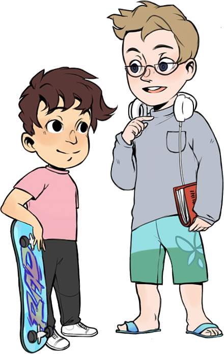 Two people are standing next to each other and they are talking. On the left is a shorter person leaning on a skateboard. They has brown short hair and a pink t-shirt and brown pants. The second person is taller and has a book in their hand, headphones around their neck, and is wearing green shorts and a gray long-sleeved shirt. They also has glasses and blonde short hair and sandals.